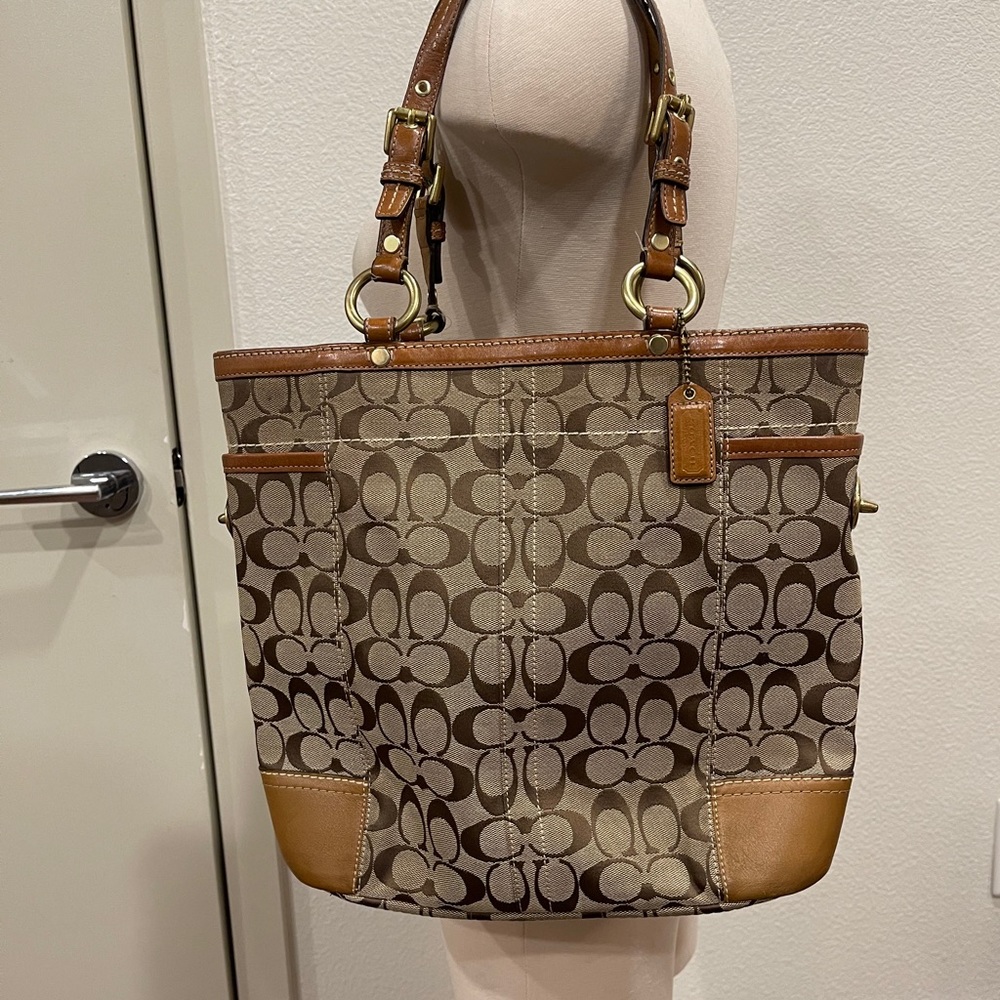 Coach Signature Tote with Tan Leather Trim